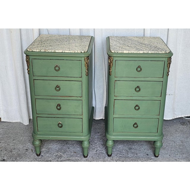 Wood Vintage Pair of Nightstands, French Louis XVI Style Marble-Top For Sale - Image 7 of 18