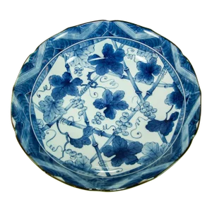 Japanese Arita Kakiemon Bowl With Foliages Design Blue and White Signed 1950s