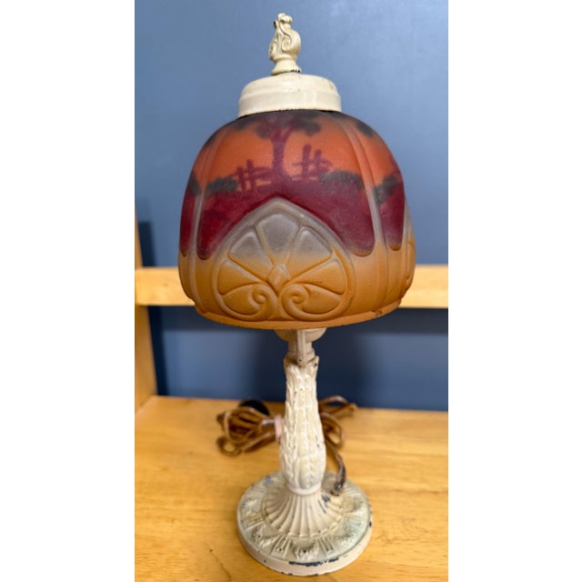 Art Nouveau Antique 1920s Reverse Painted Puffed Glass Boudoir Lamp Jefferson Style Scenic Sunset For Sale - Image 3 of 15
