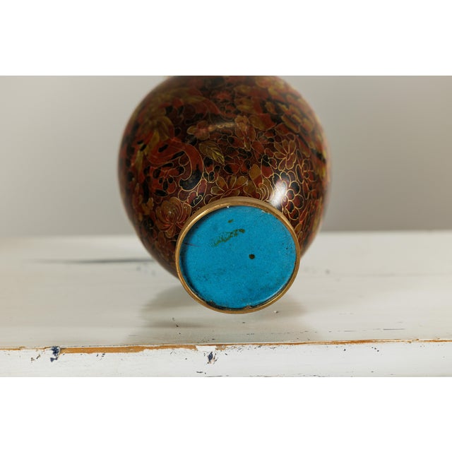 Cloisonné Vases with Warm Reddish Brown Ground and Floral Decoration - A Pair For Sale - Image 12 of 18
