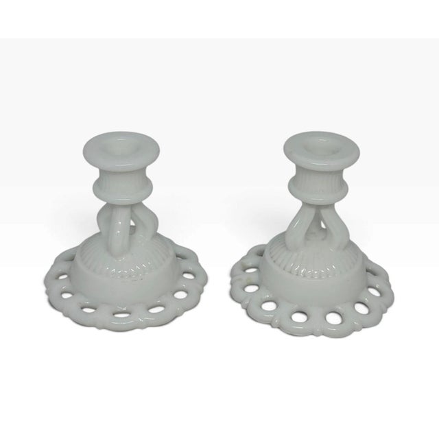 Mid-20th Century Westmoreland Milk Glass Doric Open Lace Candle Holders - A Pair For Sale - Image 12 of 12
