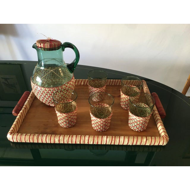 Mid-Century Green Table Glass Set with Beige & Red Raffia Weave Handles and Base, Set of 7 For Sale - Image 11 of 11