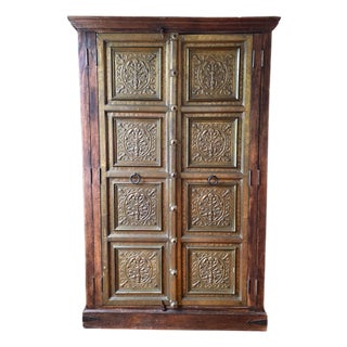 Rustic Haveli Brass Door Armoire Cabinet For Sale