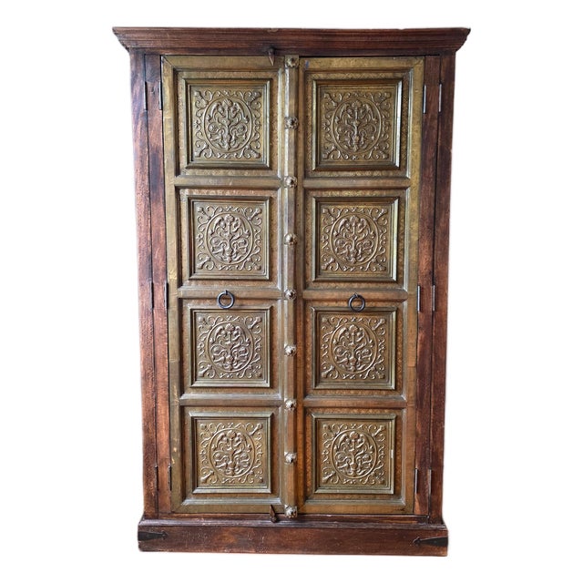Rustic Haveli Brass Door Armoire Cabinet For Sale