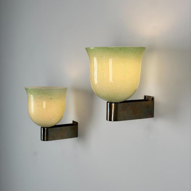 Green and Gilt Murano Glass Sconces by Tomaso Buzzi for Venini, 1940s, Set of 2 For Sale - Image 3 of 18
