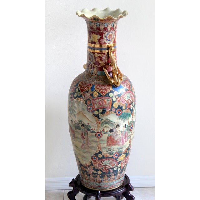 Monumental 50.5" Chinese Export Royal Satsuma-Style Palace Floor Vase With Wooden Stand For Sale - Image 15 of 18