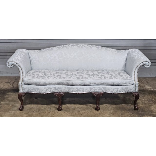 Chippendale Late 20th Century Baker Chippendale Mahogany Camel Back Sofa Claws & Ball Feet Blue Damask Fabric For Sale - Image 3 of 10