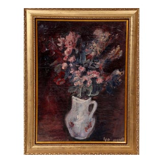 Purple Flowers in White Pitcher, Painting For Sale