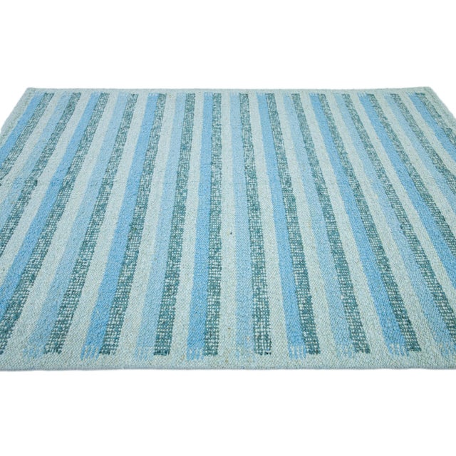2010s Modern Striped Swedish Style Wool Rug Handmade With Light Blue and Green Field For Sale - Image 5 of 8