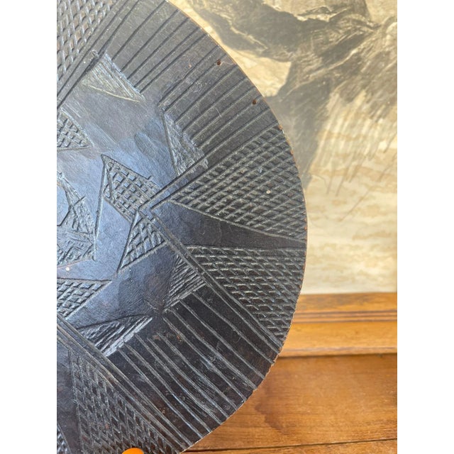 Moroccan Vintage Black Color Carved Wood Platter For Sale - Image 3 of 8