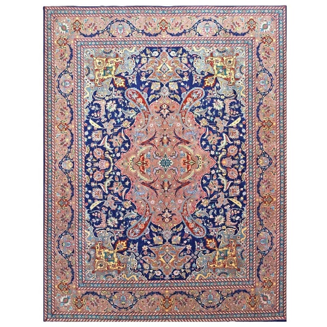 Antique Persian Tabriz Wool 10X13 Navy, Rose, Rust & Ivory Handmade Area Rug #1140102 For Sale