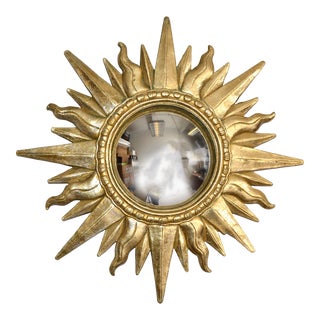 Late 1970s Round Bohemian Sunburst Convex Wall Mirror in Gold Green Finish For Sale