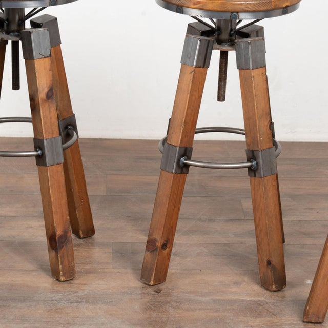 Set of Four 20th Century Pine and Metal Industrial Barstools For Sale - Image 10 of 12