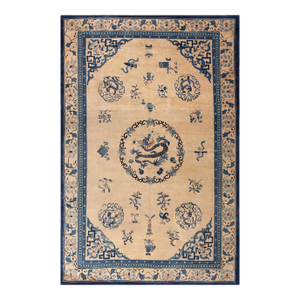 Great Beige Ground Color and Blue Border With Dragon Design Antique Chinese Peking Rug
