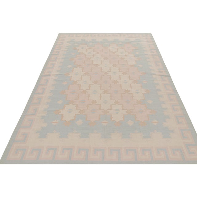 2010s Rug & Kilim’s Contemporary Dhurrie Rug in Blue, White & Pink Geometric Patterns For Sale - Image 5 of 7