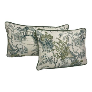 Brunschwig & Fils Tongli Print in Lagoon Pair of Lumbar Pillows For Sale