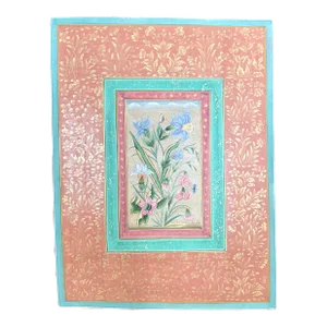 Vintage Indian Botanical in Mughal Border Painting With Gold Leaf