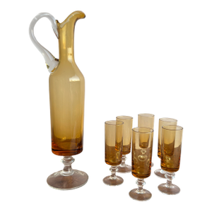 Mid Century Modern Decanter and Cordial Amber Glass Set- 7 Pieces