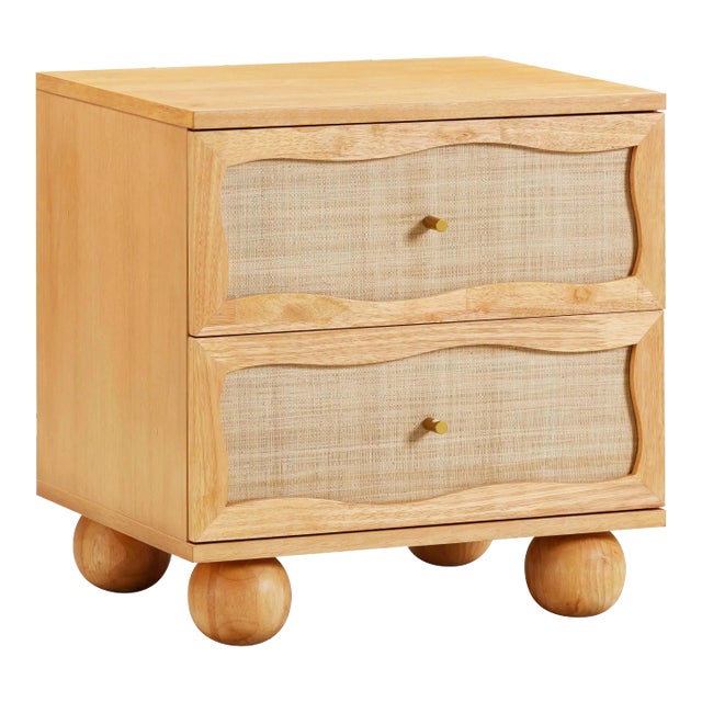 Grappa Natural Wood & Rattan Wavy Nightstand with Ball Feet For Sale