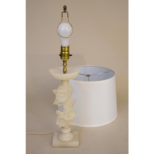 1930s Neoclassical Floral Column Carved Alabaster Marble Brass Table Lamp For Sale - Image 10 of 10