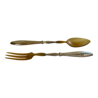 French Antique Boxed Silver and Horn Salad Serving Spoon and Fork Set For Sale