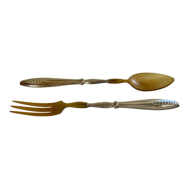 French Antique Boxed Silver and Horn Salad Serving Spoon and Fork Set For Sale