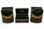Beautiful vintage three-piece toleware set featuring a rich black ground with ornate gold floral decoration. The...