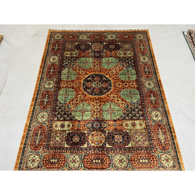 Art Deco Orange and Teal Mamluk Style Natural Dye Wool Rug - 5'3" X 6'11" For Sale - Image 3 of 14