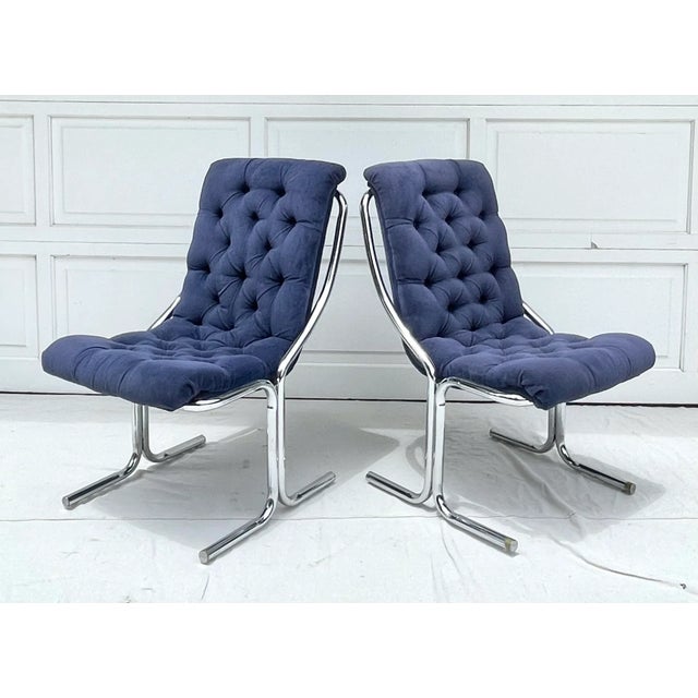 Pair of 1970's Blue Tufted Modern Chrome Lounge Side Chairs For Sale - Image 12 of 12