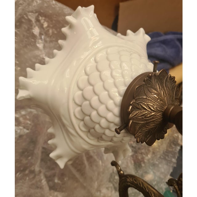 Antique Bronze Lamp with White Opaline Lampshade, 1900s For Sale - Image 4 of 9