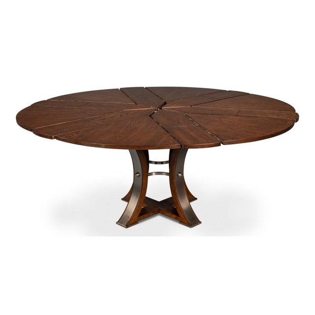 Transitional Round Dining Table, Medium - Warm Brown Oak With Hammered Iron Accents For Sale - Image 4 of 11
