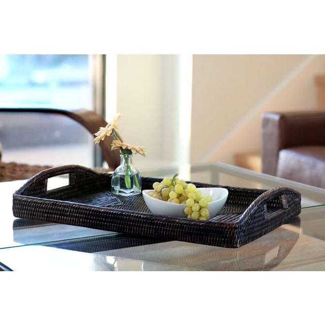 Artifacts Rattan Rectangular Serving Tray with High Handles in Tudor Black - 21" For Sale - Image 9 of 12