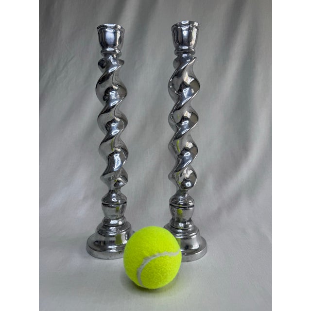 Vintage Large English Traditional Barley Twist Silver Tone Candlesticks, a Pair For Sale - Image 11 of 11