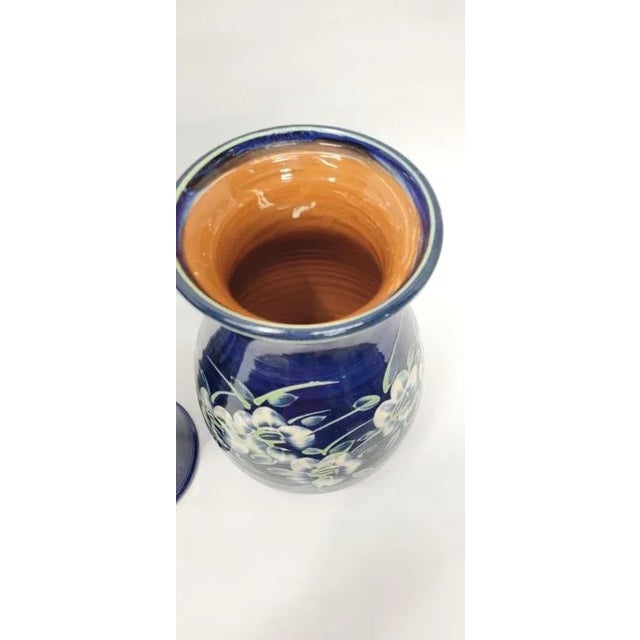 Vintage Blue French Flower Vase Hand Painted Terracotta Art Pottery Flower Design Signed T comme terre This vase is an...