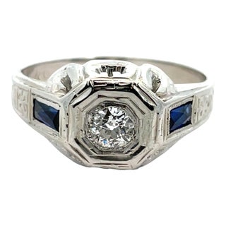 Mid 20th Century 18k White Gold Art Deco Diamond & Blue Sapphire Ring, Size 7.75 For Sale