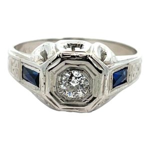 Mid 20th Century 18k White Gold Art Deco Diamond & Blue Sapphire Ring, Size 7.75