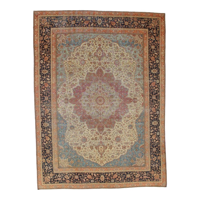 Antique Persian Mohtasham Kashan Carpet, Traditional, Soft, Ivory, Blue, Green For Sale