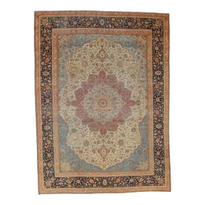 Antique Persian Mohtasham Kashan Carpet, Traditional, Soft, Ivory, Blue, Green