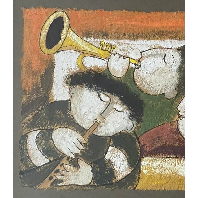 An original oil painting on rice paper of three musicians by listed painter Joyce Roybal (born 1955). Roybal is well known...