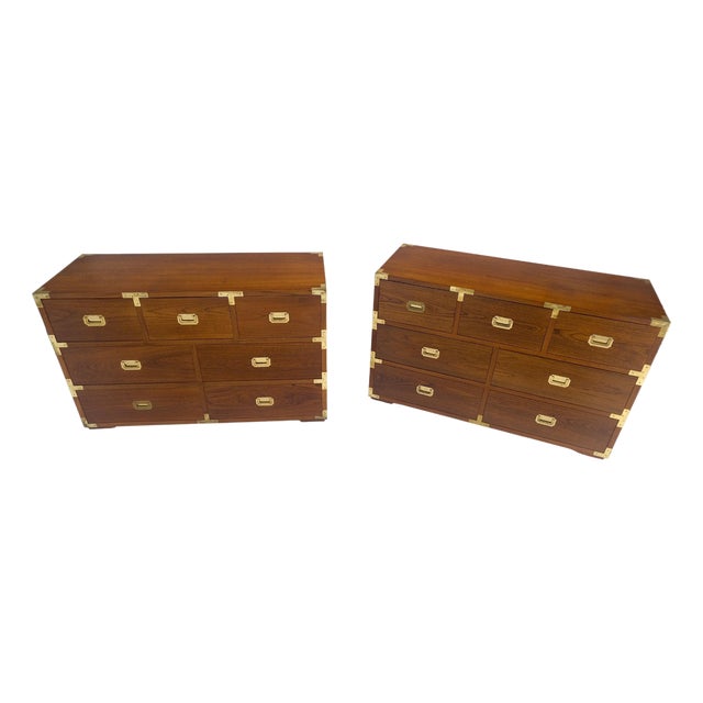 Pair of Campaign Solid Teak Dovetailed Drawers Dressers Credenza Brass MINT! For Sale