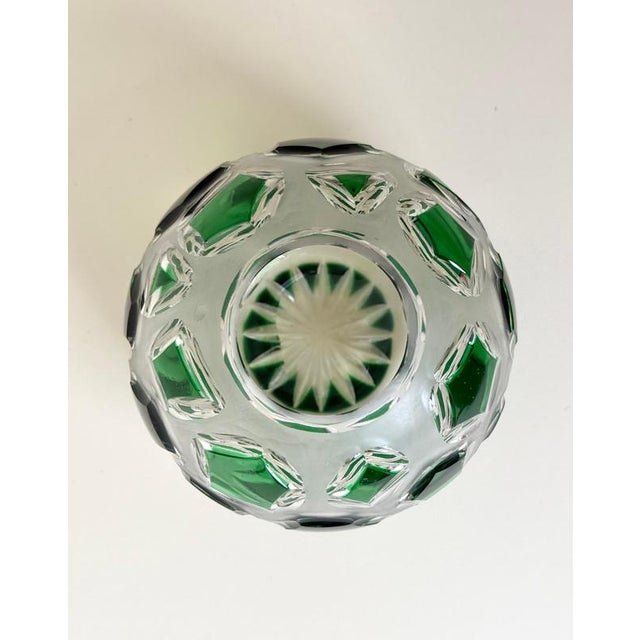 Bohemian Emerald Green Lead Crystal Vase with Hand-Cut Faceted Decorations, 1960s For Sale - Image 4 of 14