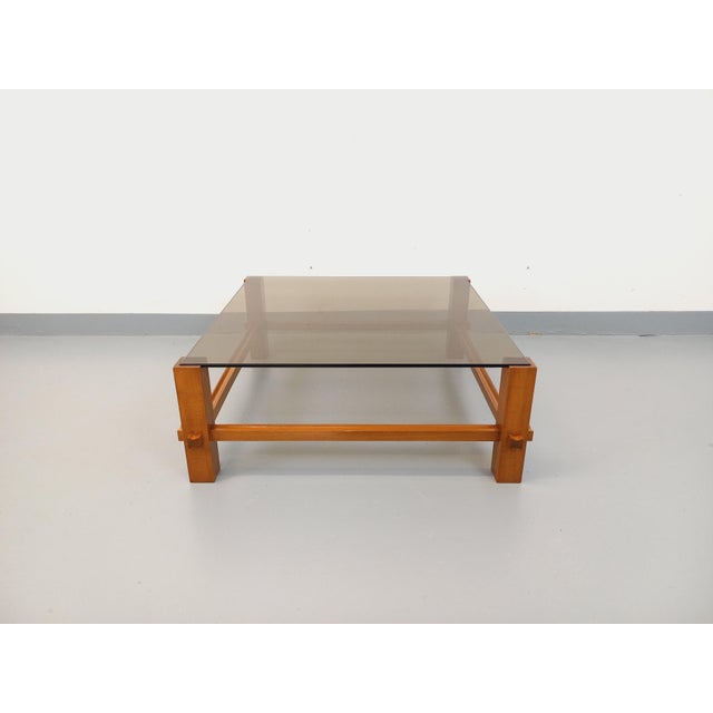 Vintage Square Italian Coffee Table in Wood and Smoked Glass from Fontana Arte, 1960s For Sale - Image 11 of 16