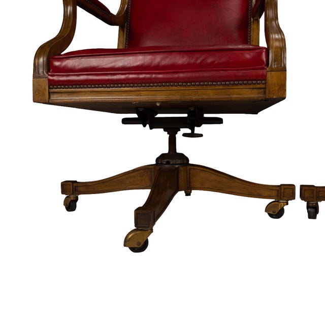 Pair of 1980s Baker Furniture Rolling Executive Chairs in Carved Wood & Burgundy Vinyl Upholstery For Sale - Image 10 of 18
