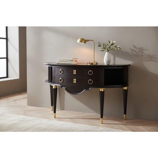 1950s Vintage Hollywood Regency Demi-Lune Server in Ebonized Wood With Brass Accents For Sale - Image 5 of 12