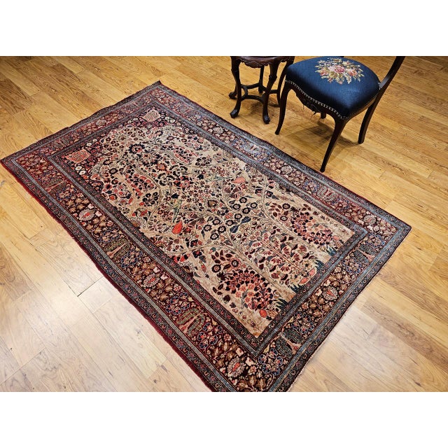 Persian Antique Persian Kashan Rug, Hand-Knotted Wool, Tree of Life Design, Ivory & Burgundy, 4x7 For Sale - Image 3 of 15