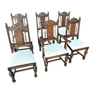 Antique Spanish Revival Walnut and Burlwood Dining Chairs With New Upholstery - Set of 6 For Sale