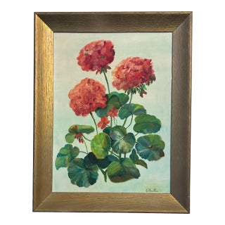 Signed Midcentury Geranium Painting, Framed For Sale