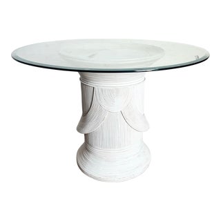 Boho Chic White Sculpted Pencil Reed Glass Top Circular Dining Table For Sale