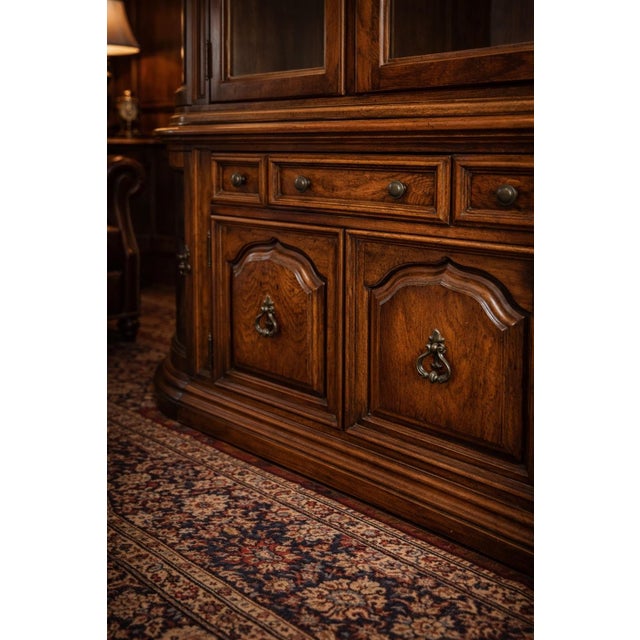 Large Mid-20th Century Colonial Revival Oak China Cabinet With Curved Glass Display Ends & Interior Lighting — Two-Piece Hutch For Sale In Los Angeles - Image 6 of 11