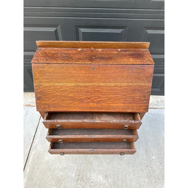 Antique Early 20th Century Quarter Sawn Oak Drop Front Secretary With Drawers - Solid Wood Accent Chest With Ring Pulls For Sale - Image 4 of 17